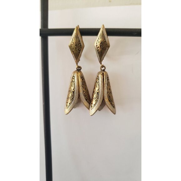 Hand Made Vintage Brass Etched Earrings Designer Earrings Stamped - Picture 6 of 10